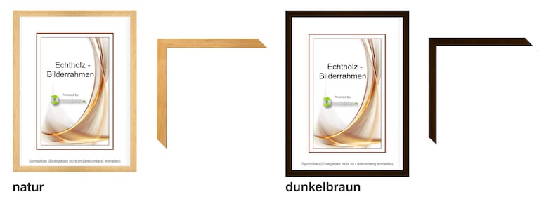 Pu&ograve; includere: Due cornici in legno, una naturale e una marrone scuro, con un passe-partout bianco. Le cornici presentano il testo "Echtholz - Bilderrahmen" e una grafica. Viene mostrato un angolo di ogni cornice.