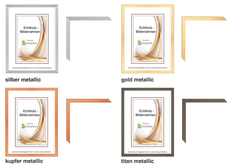 Pu&ograve; includere: Quattro cornici per foto con finiture metalliche argento, oro, rame e titanio. Ogni cornice ha un interno bianco con un disegno stampato e il testo "Echtholz - Bilderrahmen".