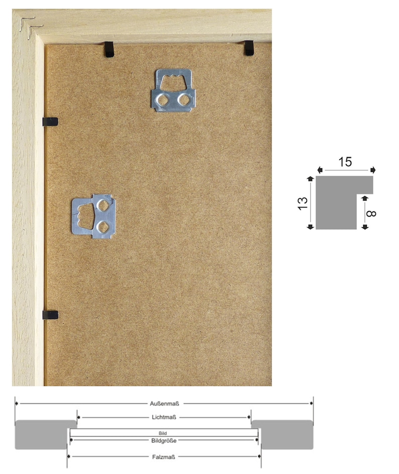 Pu&ograve; includere: Una cornice in legno marrone chiaro. La vista posteriore mostra l'hardware di montaggio e il cartone di supporto. Un diagramma mostra le dimensioni: 1,5 cm di larghezza, 1,3 cm di altezza e 0,8 cm di profondit&agrave;.