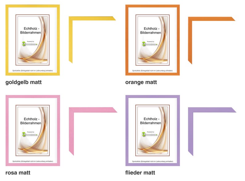 Pu&ograve; includere: Quattro cornici per foto in oro, arancione, rosa e lilla, ciascuna con un passe-partout bianco e un'immagine stampata. Le cornici sono etichettate con testo tedesco. Ogni cornice ha un angolo abbinato.