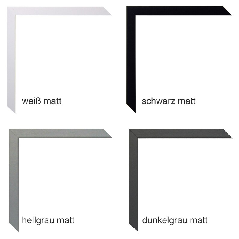 May include: Four samples of picture frames, each showing a different color: white, black, light gray, and dark gray. Each frame is a simple, rectangular shape with a matte finish.
