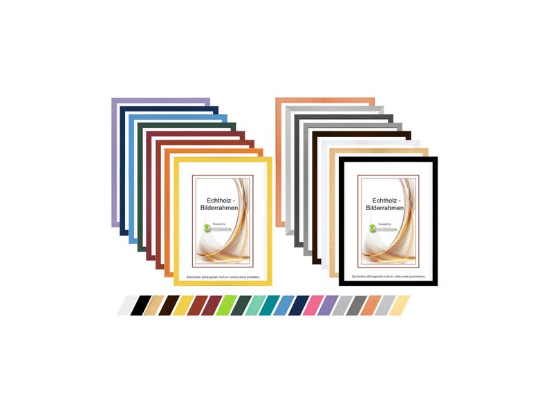 Pu&ograve; includere: Una collezione di cornici per foto in vari colori, tra cui nero, bianco e tonalit&agrave; legno. Ogni cornice ha un passe-partout bianco e il testo "Echtholz - Bilderrahmen". Una tavolozza di colori delle cornici &egrave; in basso.