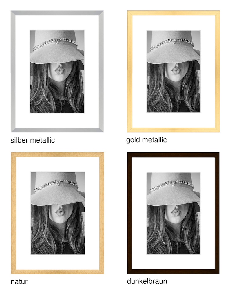 May include: Four different picture frames with a black and white photo of a woman wearing a hat. The frames are silver metallic, gold metallic, natural wood, and dark brown.