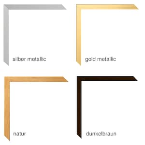 May include: Four different frame samples in a collage. The frames are all the same size and shape, but they are different colors. The top left frame is silver metallic, the top right frame is gold metallic, the bottom left frame is natural wood, and the bottom right frame is dark brown.