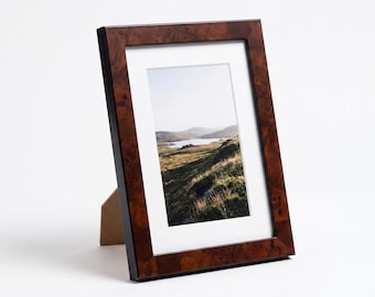 Wooden picture frame Elegance burl wood elm, photo frame for standing, picture frame with stand, table frame, portrait frame, with real glass