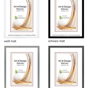 May include: Four picture frames with different colored frames. The frames are white, black, light gray, and dark gray. Each frame has a gold and white abstract design inside. The text on the frames reads "Art Design Rahmen designed in Italy Powered by wowmen Symbolfoto (Einlegeblatt nicht im Lieferumfang enthalten)". The text below the frames reads "wei&szlig; matt", "schwarz matt", "hellgrau matt", and "dunkelgrau matt".