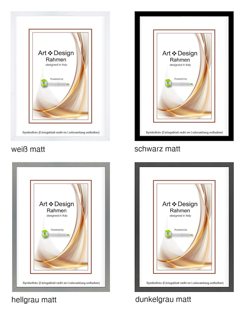 May include: Four picture frames with different colored frames. The frames are white, black, light gray, and dark gray. Each frame has a gold and white abstract design inside. The text on the frames reads "Art Design Rahmen designed in Italy Powered by wowmen Symbolfoto (Einlegeblatt nicht im Lieferumfang enthalten)". The text below the frames reads "wei&szlig; matt", "schwarz matt", "hellgrau matt", and "dunkelgrau matt".