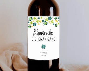 Shamrocks & Shenanigans Happy St Patrick's Day Wine Label Sticker Decal | St Patty's Day gift for her him | Bachelorette Party Best Friend