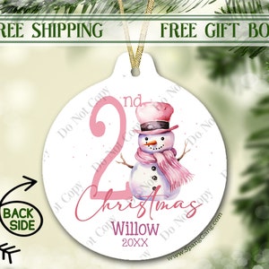My 2nd Christmas | Yearly Christmas Ornament | Custom Pink Snowman | Baby&#39;s First Christmas | Gift from Nana Papa | Snowman Holiday | Second