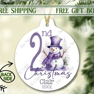Mein zweites Weihnachten | Jährliche Weihnachtsverzierung | Benutzerdefinierte lila Schneemann Ornament | Babys erstes Weihnachten | Personalisiertes 1.Weihnachtsgeschenk
