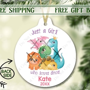 Girl Dinosaur Christmas Ornament Gift | Dino Girl | Dinosaur ornament Personalized | Christmas Ornament for Girl | Personalized Kid Ornament