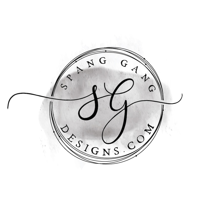 May include: Black and white logo with the text "Spang Gang Designs.com" in a circle with a watercolor background.