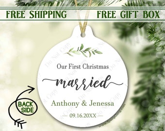 Married Christmas Tree Ornament | Custom Greenery Wedding Keepsake | Personalized First Christmas Married | Bride Groom Wedding Gift