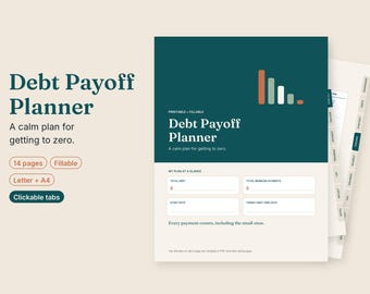 May include: A digital debt payoff planner with a dark teal cover featuring a bar chart graphic and the text Debt Payoff Planner. The layout includes fillable fields for total debt, minimum payments, start date, and target debt-free date.