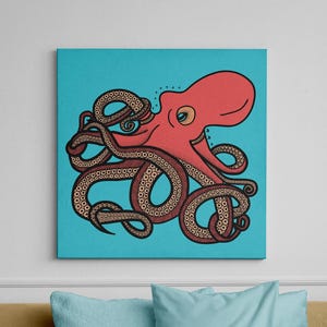 Octopus Canvas Print, Octopus Wall Art, Beach House Decor, Marine Life Painting, Nautical Home Decoration, Ocean Theme Poster
