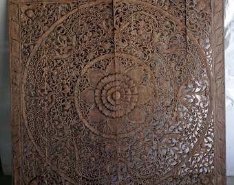 Colore marrone naturale Mandala testiera King Wood Carving Panel 180 x 180 cm Legno intagliato placca 6 ft Lotus Pannello in legno Arte tradizionale asiatica