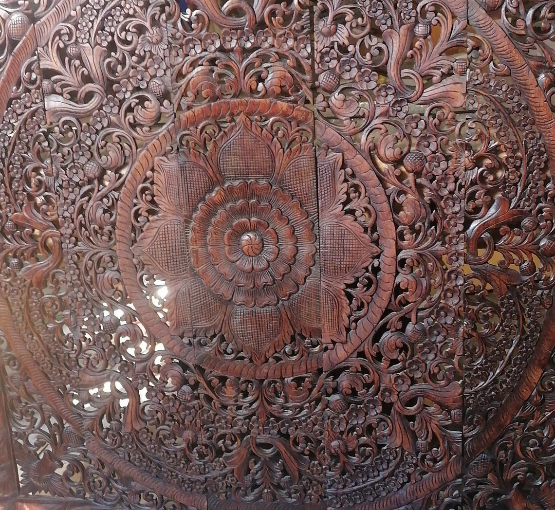 Oak Color Mandala Headboard Queen Wood Carving Panel 150 X 150 Etsy