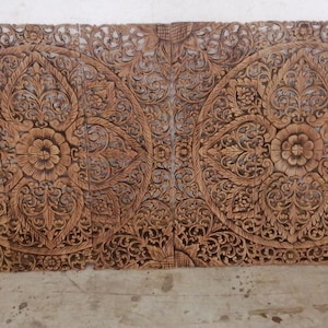 Natural Brown Color Mandala Headboard king 90 x 180 Cm Lotus Wood Carving Panel Wall Art Decor Asian Style Wooden Panel Thai Wood