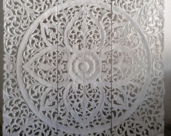 White Mandala Wood Carved Panel 90 x 90 Cm Lotus Wooden Carved Plaque Wall Art Hanging Wooden Plaque Teak Wood Carving Home Decor