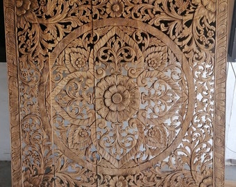 Mandala Kopfteil 150 x 150 cm 150 x 150 cm WandDeko Lotus Holz Plakette WandKunst Hängend Teak Holz Schnitzerei