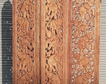 Elephants Wood Carved Scene Room Divider 6 ft Wood Carving Panel 90 x 180 Cm Home Decor Teak wood Furniture Asian Art Thai Wood art