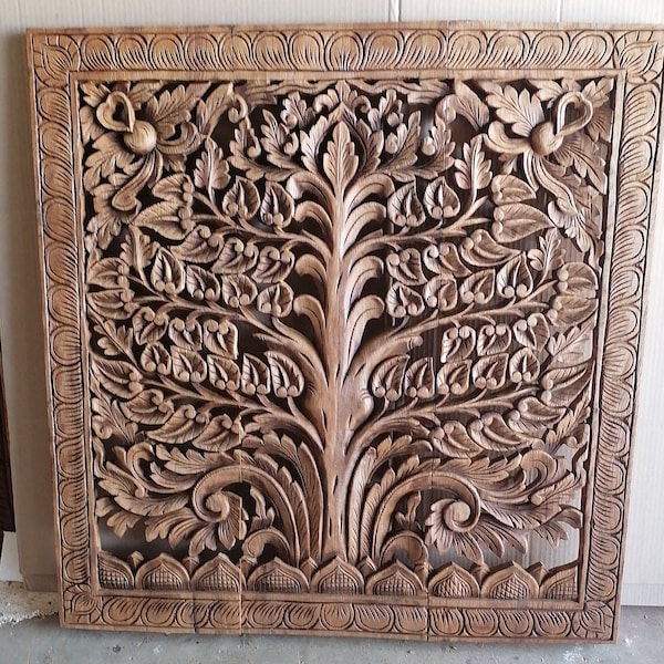 Extra thickness Natural Color Tree of Life Wood Carving Panel 90 x 90 Cm Bothi Wood Carved Plaque Square Large Panel Thai Art Asian Wood