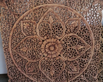 Mandala Wood Carving Panel 90 x 90 Cm Lotus Wooden plaque Traditional Thai Wood Carving Panel 3 ft Wall Art Hanging Asian Art