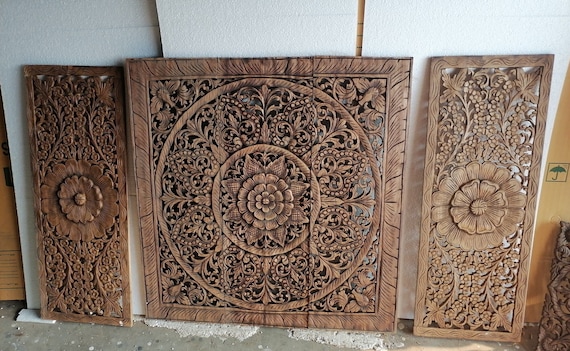 ブラウン木彫りパネルセット 36 x 64 インチ 木製彫刻プレート 壁掛け