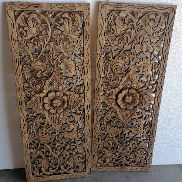 2 Pcs Mandala Wood Carving Panel Natural Color Wooden Panel Wall Art Hanging 14 x 36 inches Wooden Carved Panel Home Decor Teak wood Carved