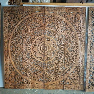 Wood Color Mandala Wood Carving Panel 48 x 76 inches Lotus Wooden Headboard King Wall Art Hanging Wooden Crafts Home Decor Asian Art