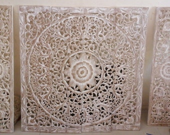 Cabecero de cama con mandala lavado blanco, panel tallado en madera tamaño king, 76 x 48 pulgadas, juego de paneles tallados en madera, decoración de pared de California King, arte asiático