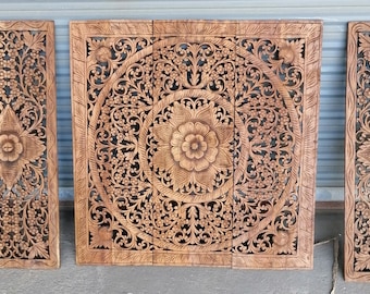 Set of Mandala Wood Carving Panels 36 x 64 inches Lotus Wooden Panel Wall Art Hanging Headboard Queen Wall Art Decor Traditional  Asian Wood