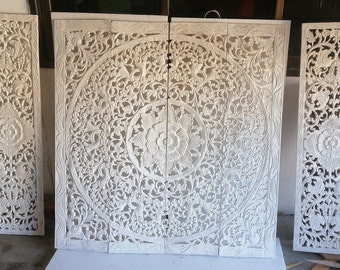 Mandala Headboard King White Color Wood Carving Panel 76 x 48 inches Set of Wood Carved Panel California King Wall Decor Asian Art