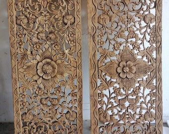 2 Pcs Natural Color Light Brown Mandala Wood Carving Panel 14 x 36 inches Wood Carved Lotus Wooden Carve Handicraft Wall Art Hanging Decor