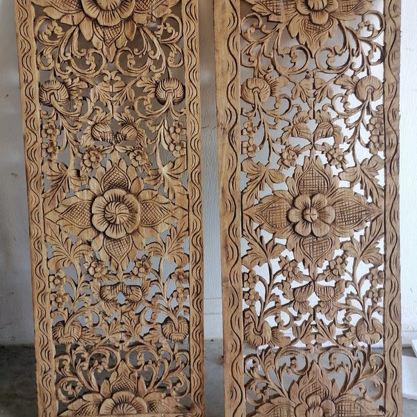 2 Pcs Natural Color Light Brown Mandala Wood Carving Panel 14 x 36 inches Wood Carved Lotus Wooden Carve Handicraft Wall Art Hanging Decor