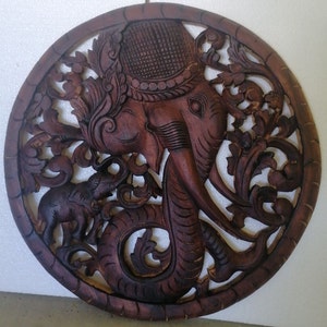 Elephant Headed Wood Carved Panel 60 x 60 Cm Wall Art Hanging Teak Wood Carving Wall Art Decor Asian Art Thai Wood Animal Carve Decor