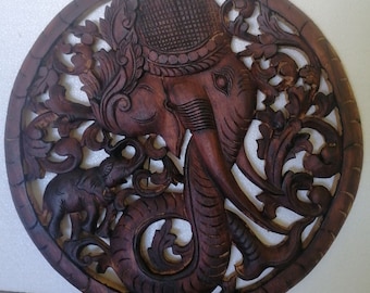 Painel esculpido em madeira com cabeça de elefante, 60x60 cm, arte de parede, pendurado, escultura em madeira de teca, decoração de arte asiática, arte tailandesa, decoração de animais esculpidos