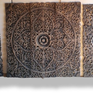 Black Wash Set of Mandala Wood Carving Panels 36 x 64 inches Lotus Wooden Panel Wall Art Hanging Headboard Queen Wall Art Decor Traditional