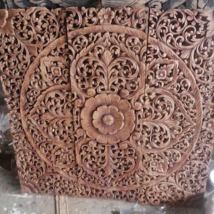 Brown Mandala Wood Carving Panel 90 x 90 Cm Wall Art Hanging Asian Art Wooden Plaque Balinese Style Thai Painting Wall Decor Headboard