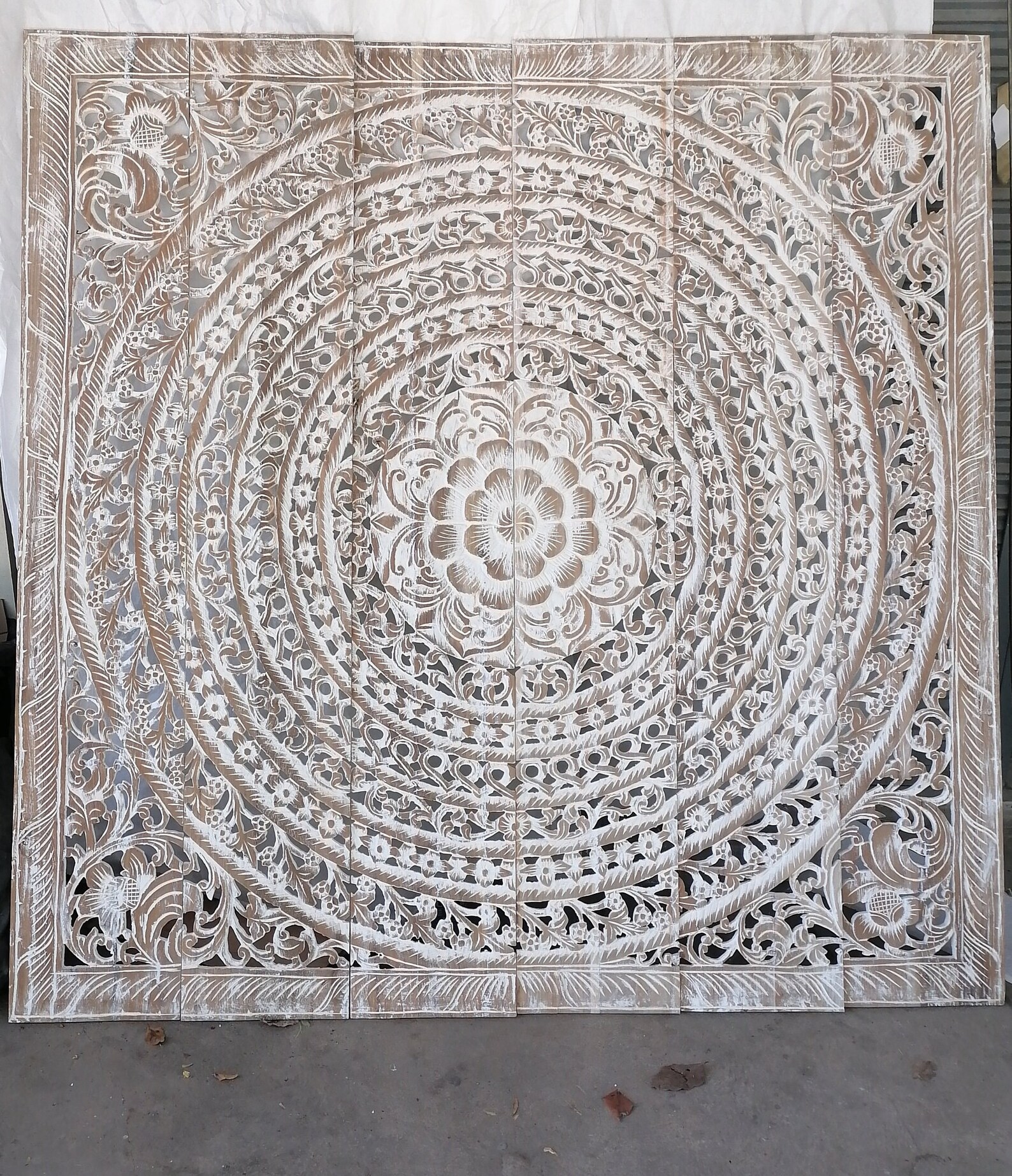 White Wash Mandala Headboard King Teak Wooden Carved Plaque Etsy UK