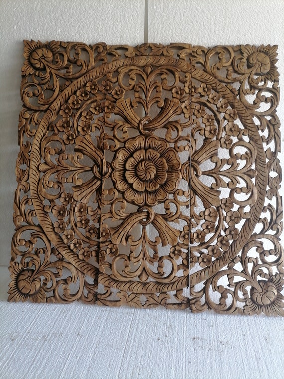 Dark Brown Natural Color Mandala Wood Carving Panel 90 X 90 Cm
