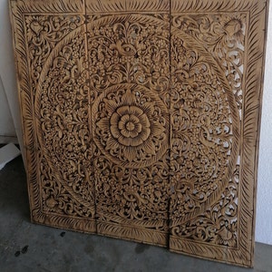 Natural Color Wood Carving Panel Mandala Wooden Carved Plaque 90 x 90 Cm Wall Art Hanging Teak Wood Carved Plaque Wall Art Decor Thai Wood