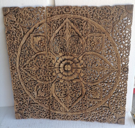 ナチュラルカラー マンダラ 木彫りパネル 90 x 90 cm ロータス 木製