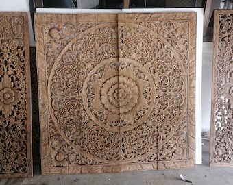 Color natural Mandala Headboard King Wood Carving Panel 76 x 48 pulgadas Set of Wood Carved Panel California King Wall Decor Asian Art
