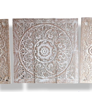 Set of Mandala Wood Carving Panels 36 x 64 inches Lotus Wooden Panel Wall Art Hanging Headboard Queen Wall Art Decor Traditional White Wash