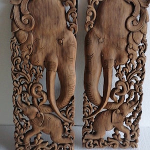 2 Pcs Elephants Head Wood Carved Panel 14 x 36 inches Natural Color Wood Carving Panel Traditional Thai Wood Carve Wall Art Hanging Asian