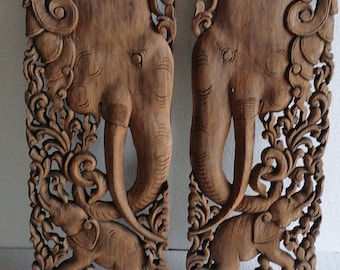 Painel esculpido em madeira com cabeça de elefante, 2 peças, 14 x 36 polegadas, cor natural, painel de escultura em madeira tradicional tailandesa, arte de parede pendurada asiática