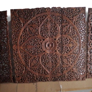 Set of Mandala Wood Carving Panels 36 x 64 inches Lotus Wooden Panel Wall Art Hanging Headboard Queen Wall Art Decor Traditional