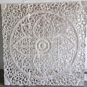 White Wash Mandala Wood Carving Panel 90 x 90 Cm Lotus Wooden plaque Wooden Headboard Wall Art Decor Asian Wood Thai Art Home Decor