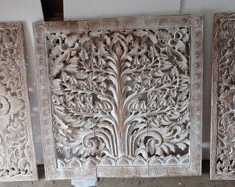 White Wash Tree of life Headboard Queen Teak Wood Carving Panel 36 x 64 inches Wall Art Decor Asian Art Thai  Home Decor Wood Carved Panel